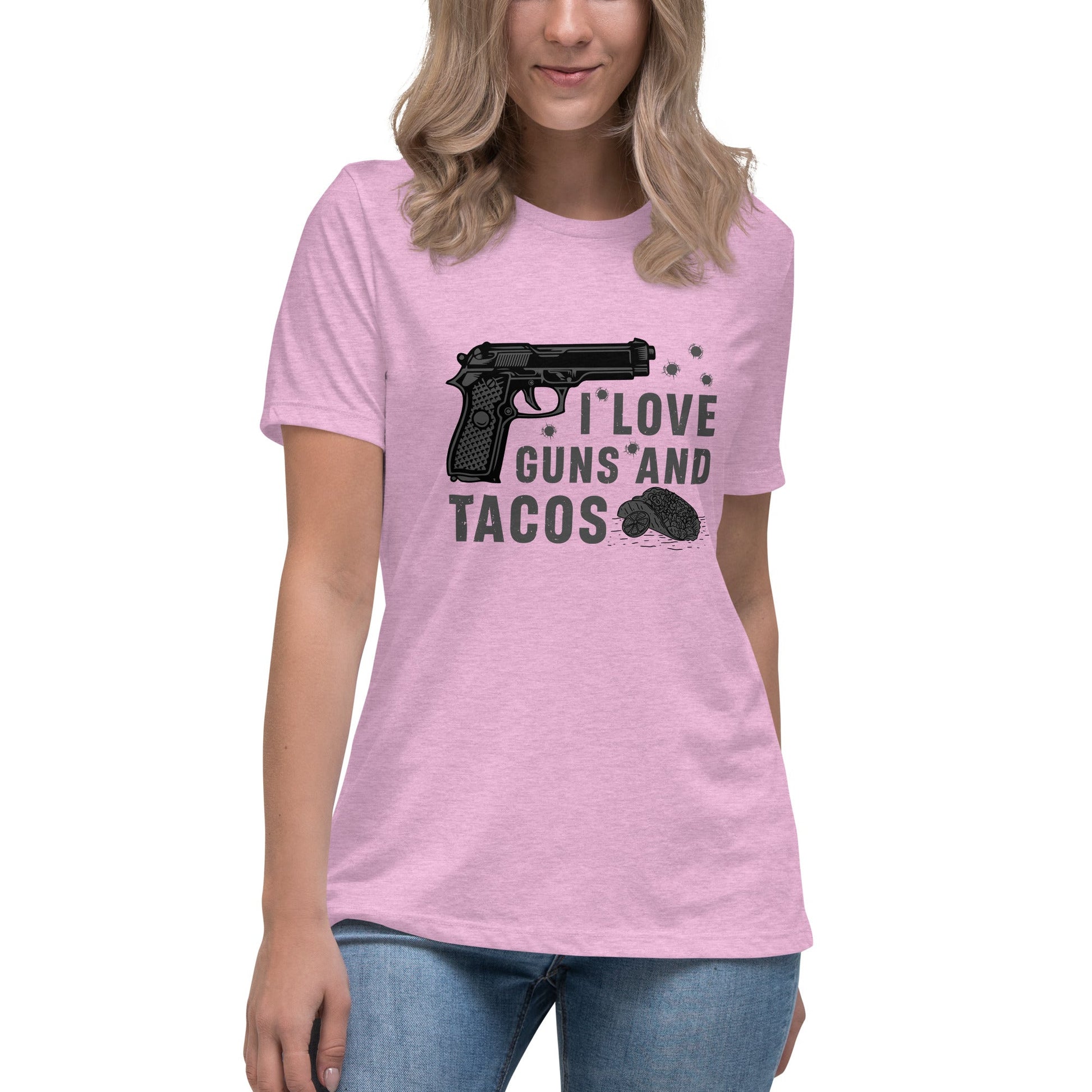 Liberty & Lead Apparel Heather Prism Lilac / S I Love Guns and Tacos 2 / Tacos and Guns / But First Tacos  - Ladies Relaxed Tee