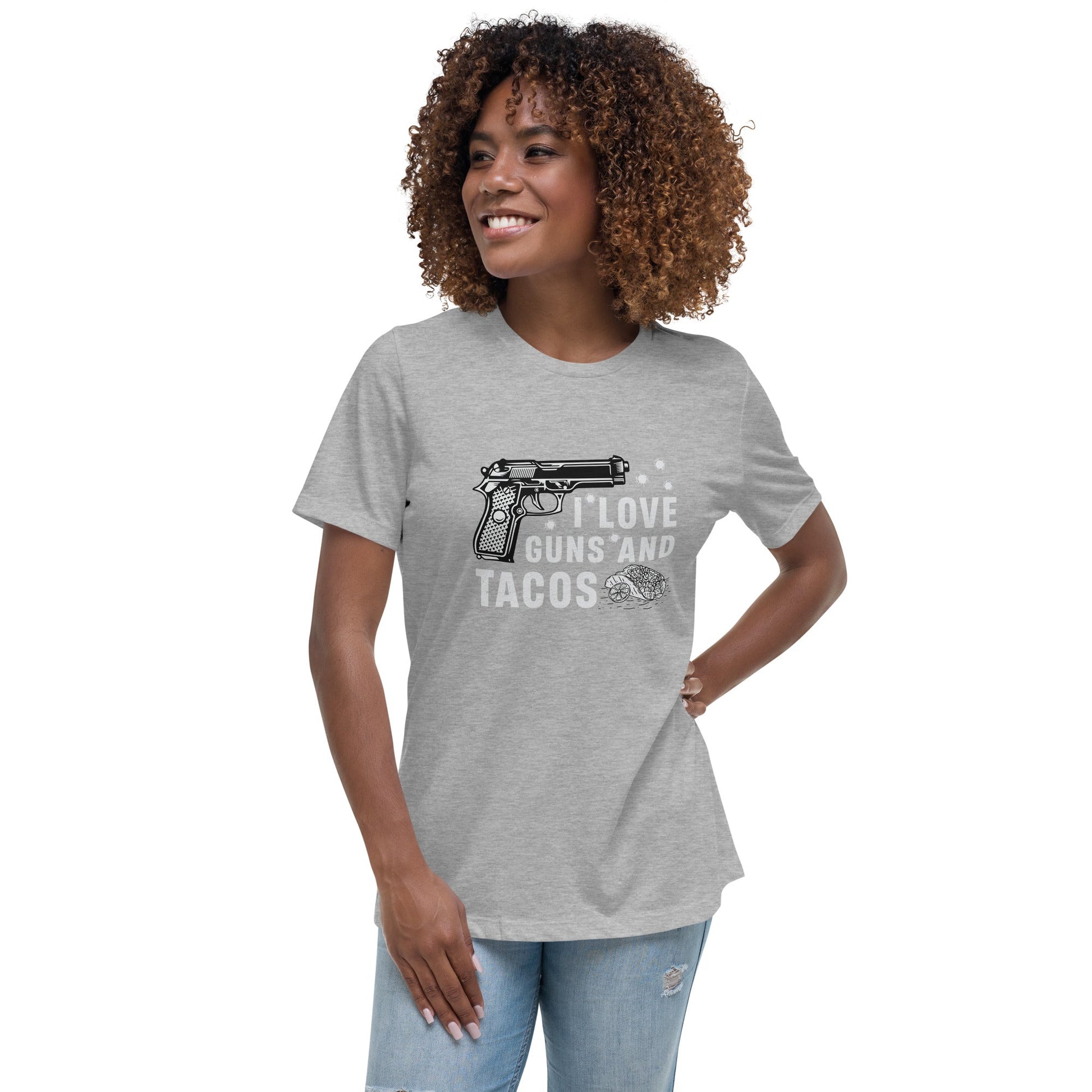 Liberty & Lead Apparel Athletic Heather / S I Love Guns and Tacos / Tacos and Guns / But First Tacos  - Ladies Relaxed Tee