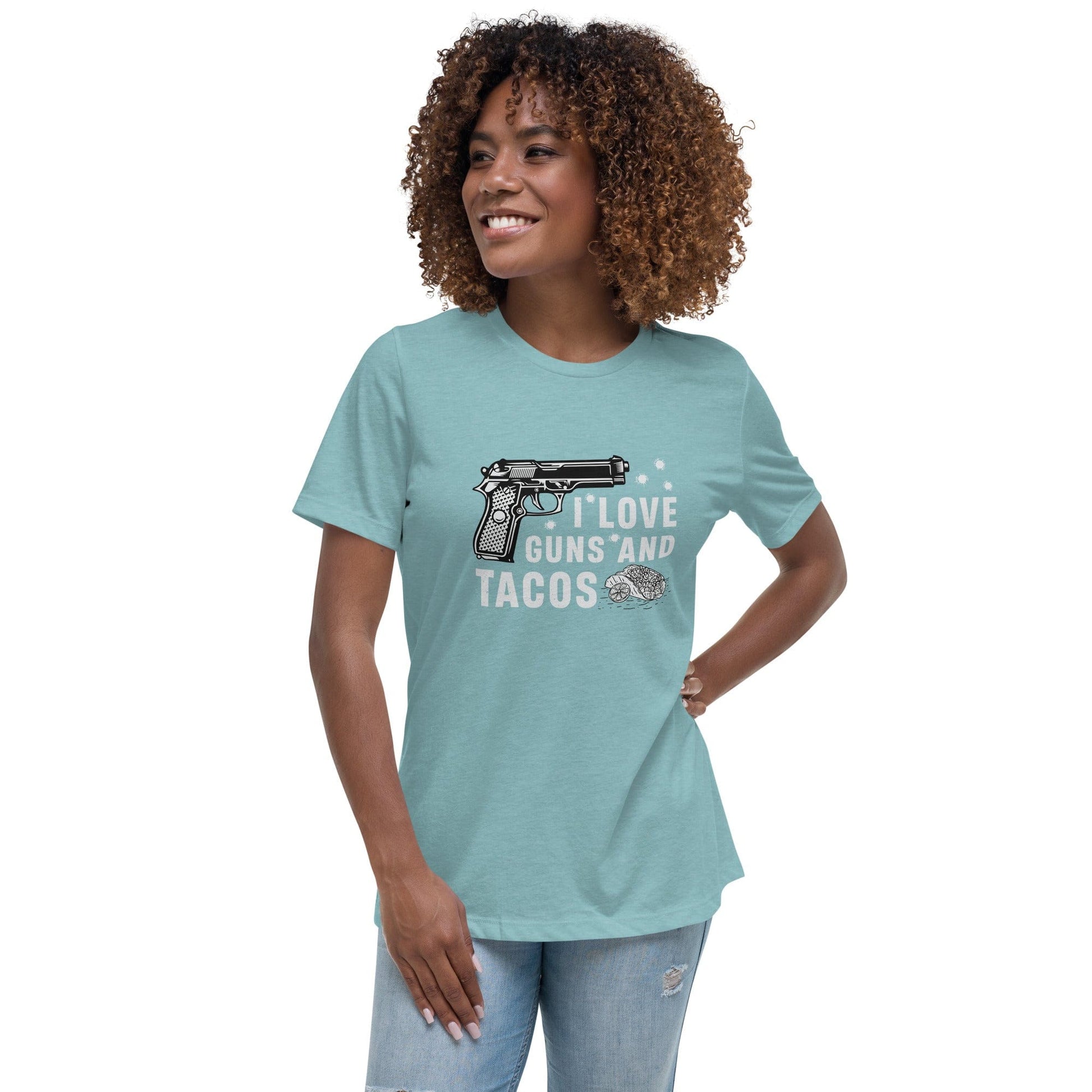 Liberty & Lead Apparel Heather Blue Lagoon / S I Love Guns and Tacos / Tacos and Guns / But First Tacos  - Ladies Relaxed Tee