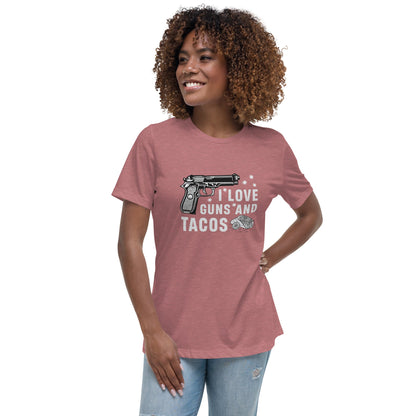 Liberty & Lead Apparel Heather Mauve / S I Love Guns and Tacos / Tacos and Guns / But First Tacos  - Ladies Relaxed Tee