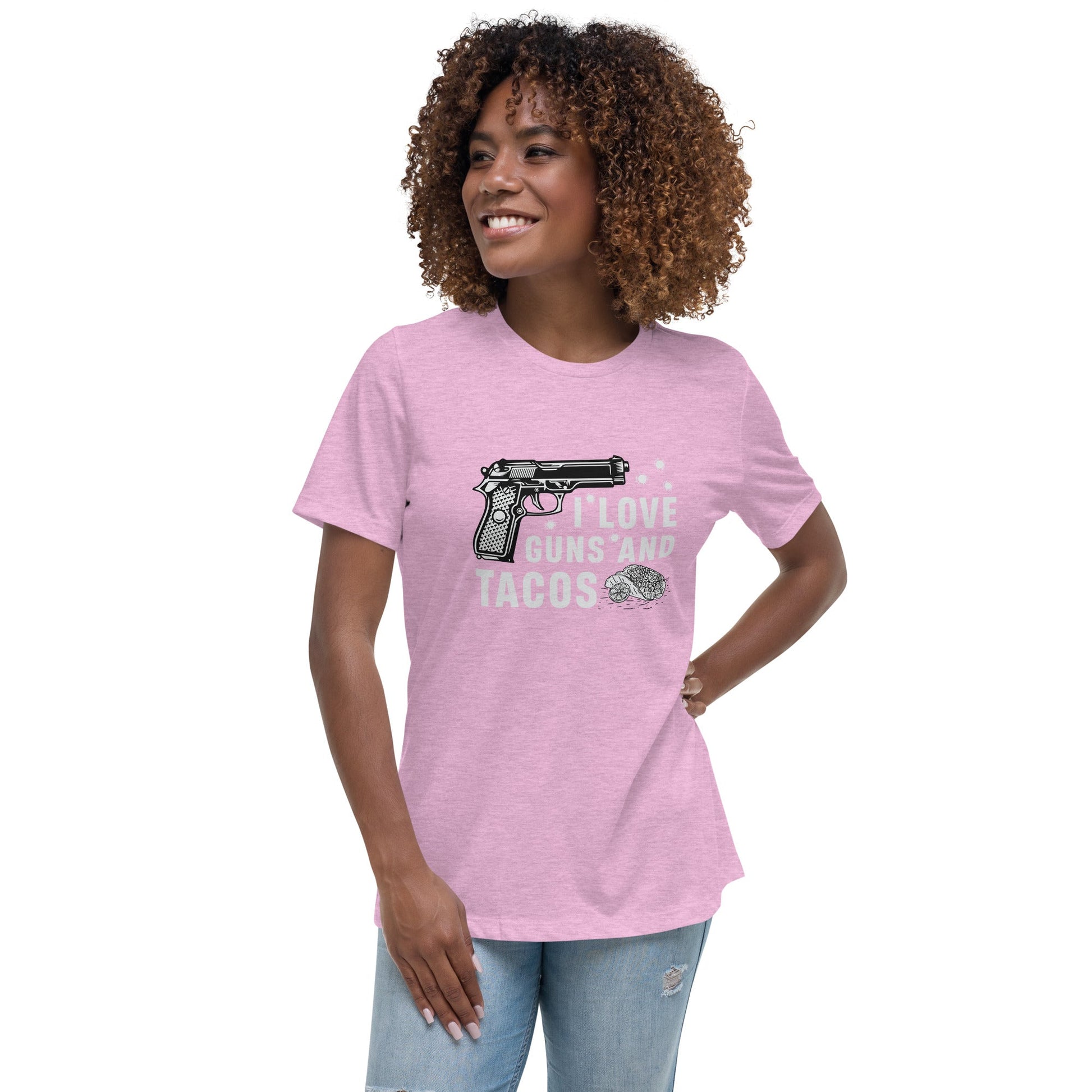 Liberty & Lead Apparel Heather Prism Lilac / S I Love Guns and Tacos / Tacos and Guns / But First Tacos  - Ladies Relaxed Tee