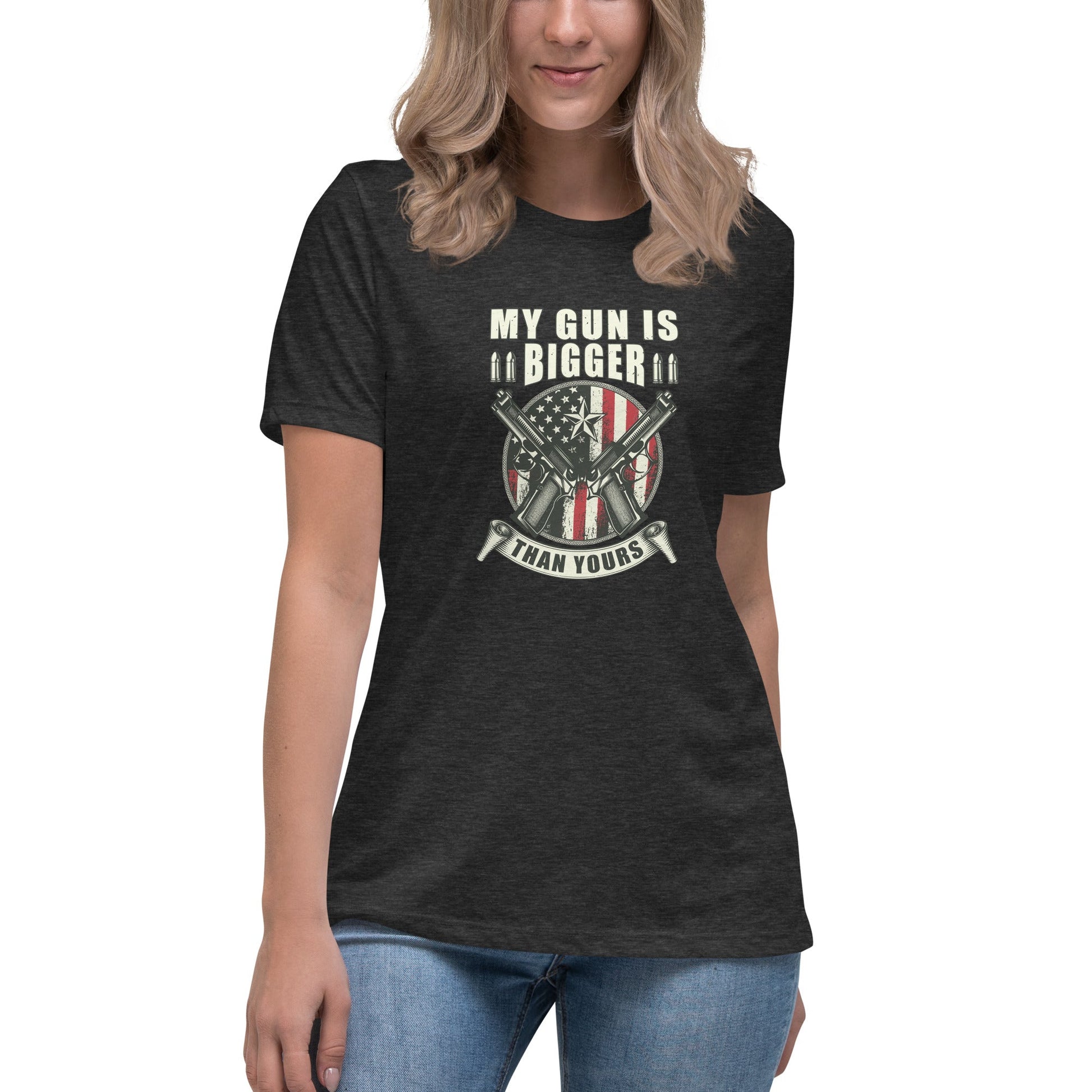 Liberty & Lead Apparel Dark Grey Heather / S My Gun Is Bigger - Ladies Relaxed Tee